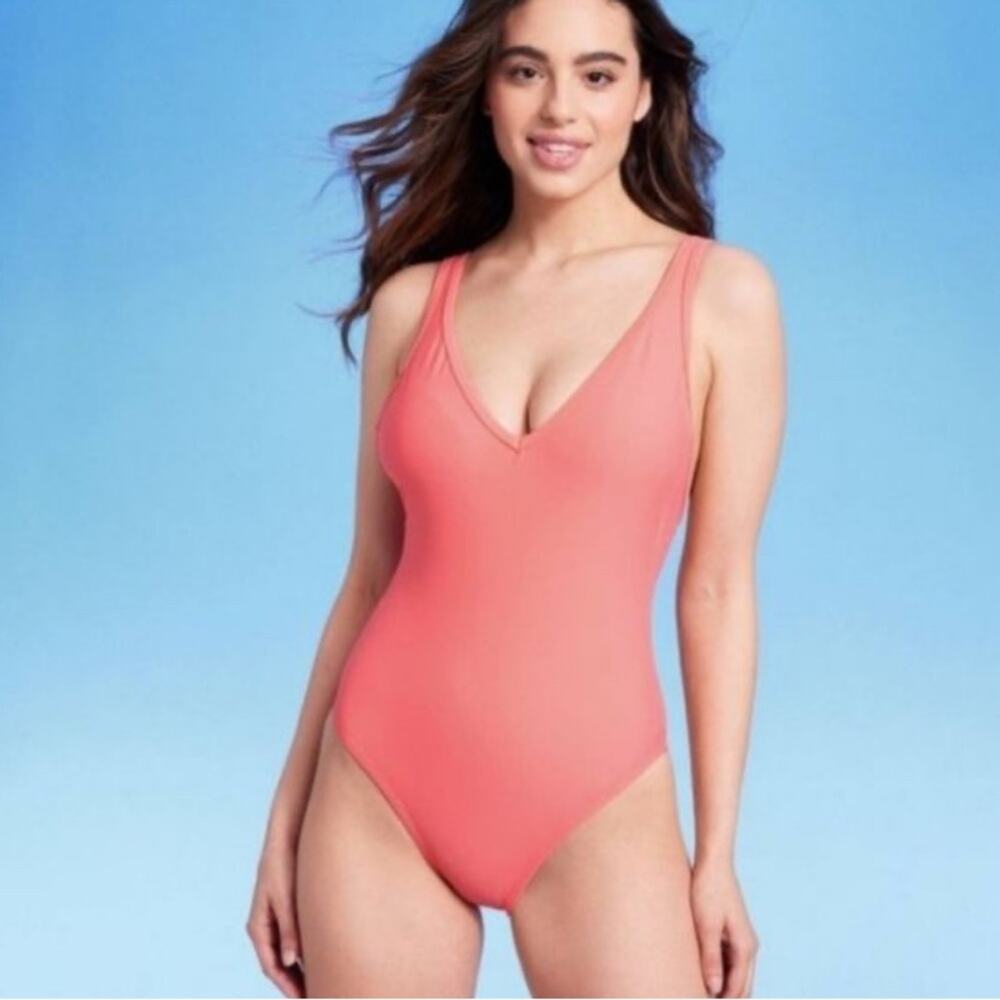 Kona Sol Pink‎ Orange Sherbet Color One-Piece Swimsuit V-Neck High-Cut Leg Large
